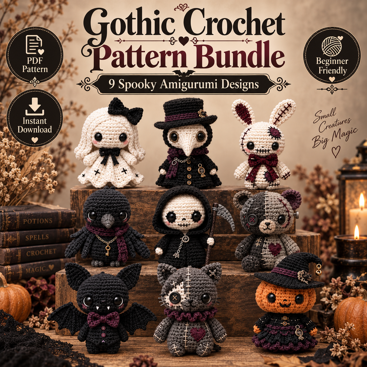 9-in-1 Gothic Voodoo Amigurumi Crochet Pattern Bundle PDF | Spooky Halloween Dolls, Plague Doctor, Grim Reaper, Bat & Witch Patterns