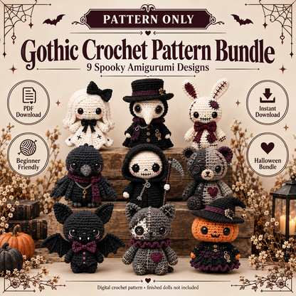 9-in-1 Gothic Voodoo Amigurumi Crochet Pattern Bundle PDF | Spooky Halloween Dolls, Plague Doctor, Grim Reaper, Bat & Witch Patterns