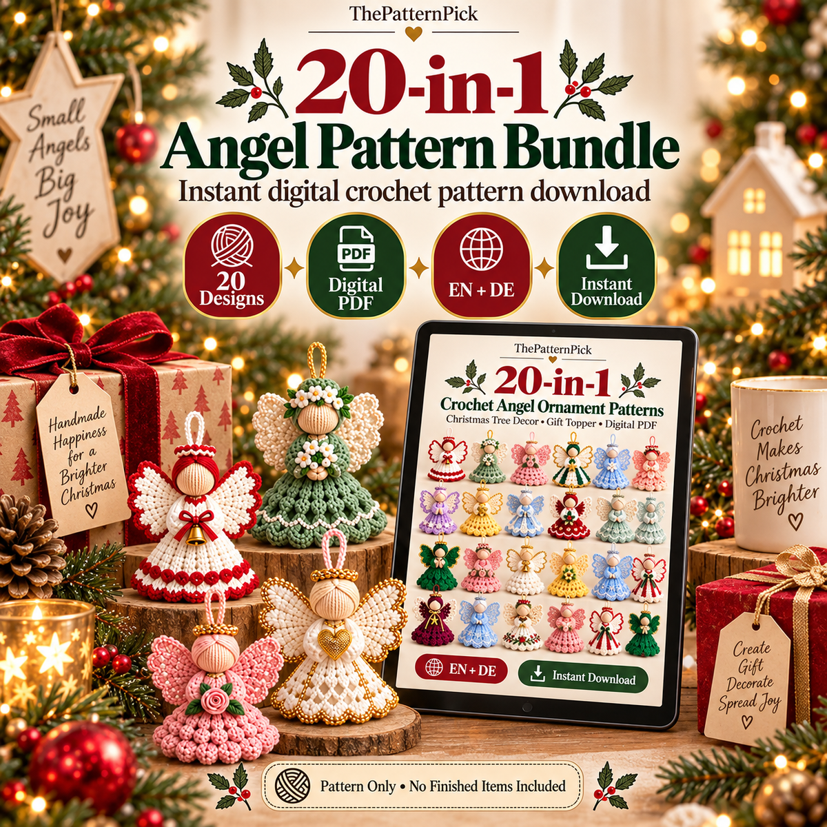 20 Crochet Angel Ornament Patterns PDF Bundle | Christmas Tree Decorations, Handmade Gift Toppers & Holiday Angel Crochet Patterns