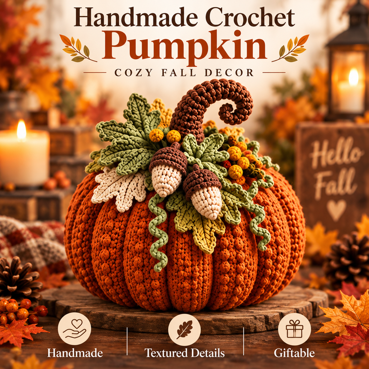 Woodland Pumpkin Crochet Pattern PDF | Acorn, Leaves & Curly Vine Fall Decor | Thanksgiving Autumn Centerpiece | Digital Download