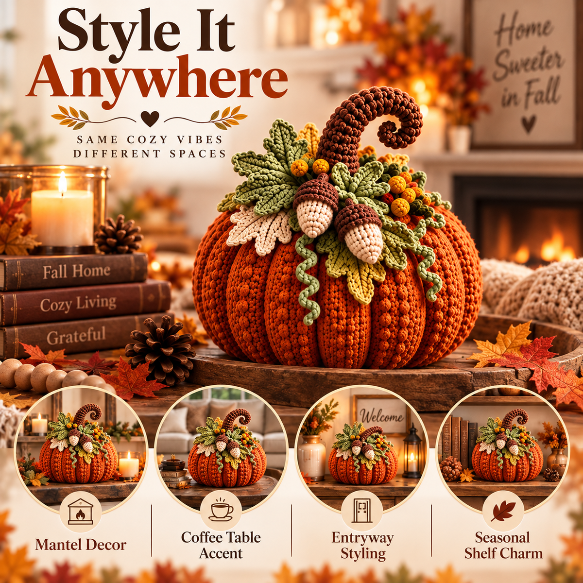 Woodland Pumpkin Crochet Pattern PDF | Acorn, Leaves & Curly Vine Fall Decor | Thanksgiving Autumn Centerpiece | Digital Download