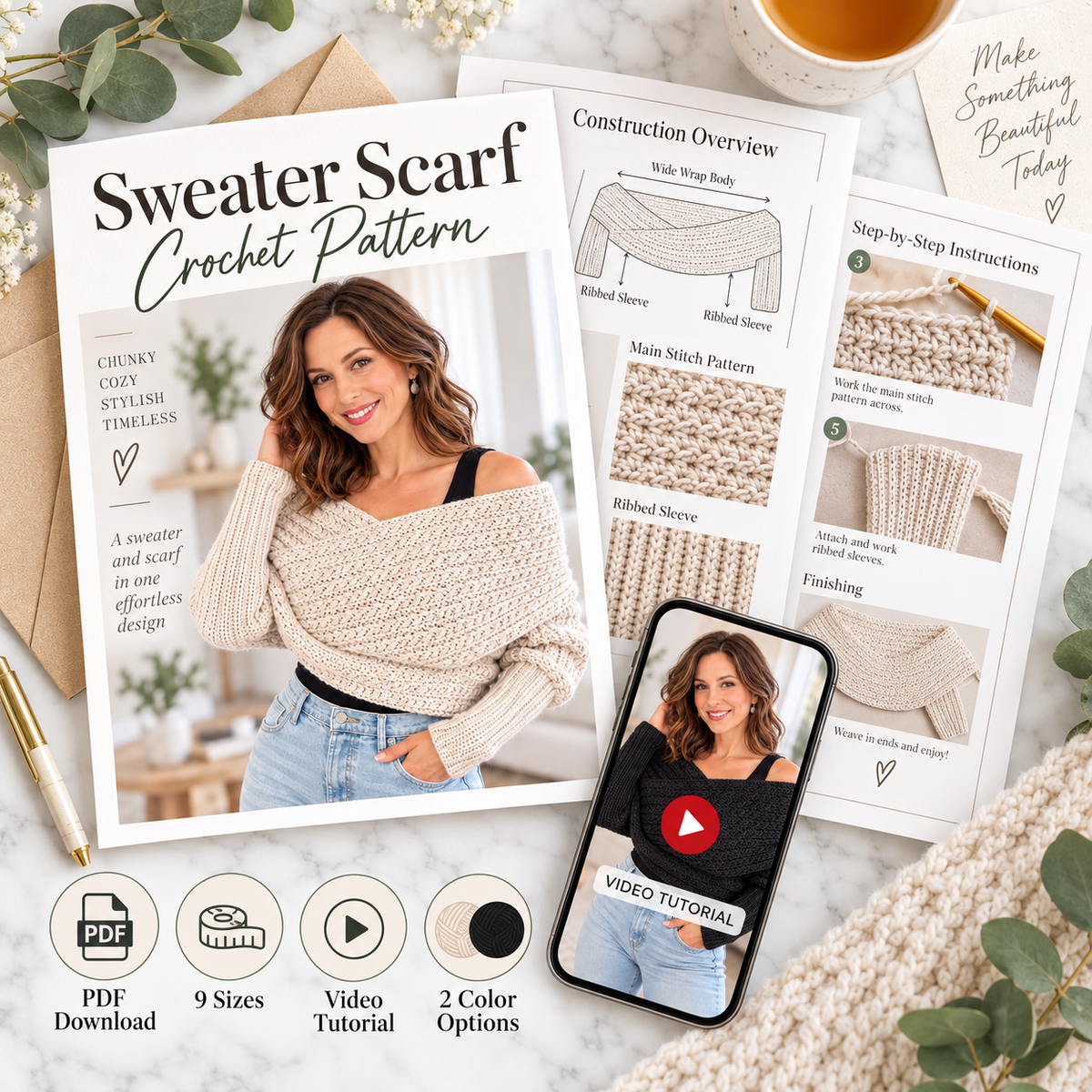 Sweater Scarf Crochet Pattern PDF | Scarf with Sleeves Crochet Pattern | Women’s Cozy Shrug & Wrap | Intermediate Crochet Pattern | Digital Download