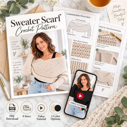 Sweater Scarf Crochet Pattern PDF | Scarf with Sleeves Crochet Pattern | Women’s Cozy Shrug & Wrap | Intermediate Crochet Pattern | Digital Download