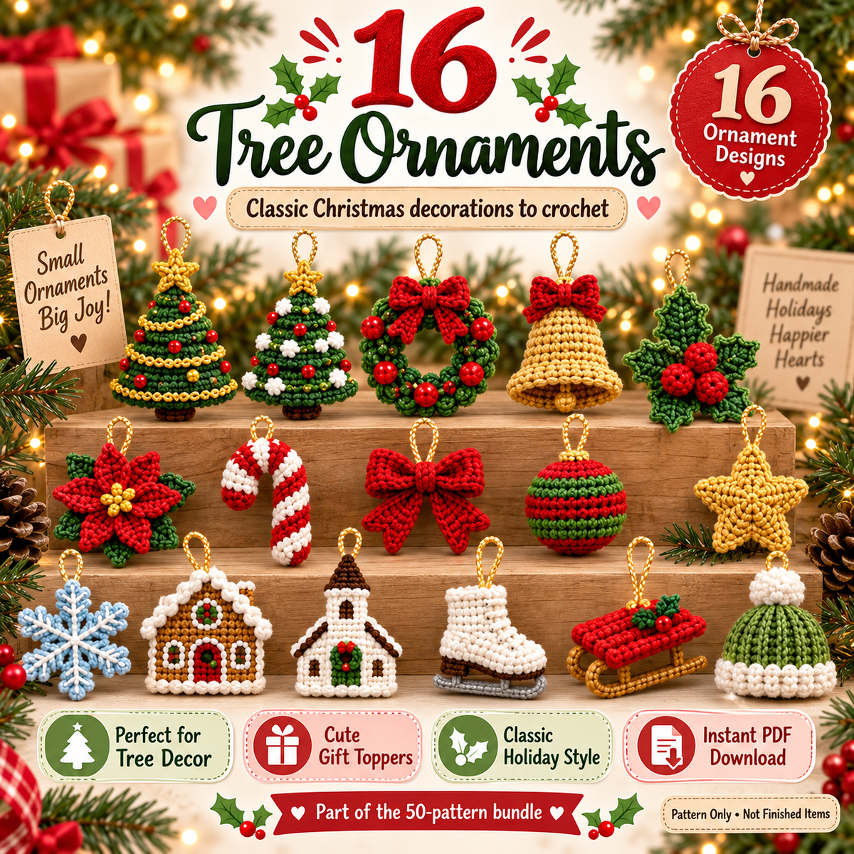 50 Christmas Crochet Ornament Patterns PDF Bundle | Mini Amigurumi Christmas Decorations, Holiday Characters & Tree Ornaments