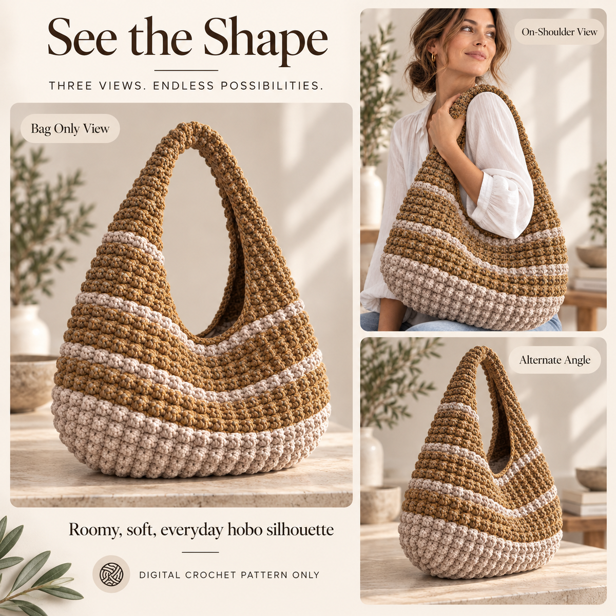 Bobble Hobo Bag Crochet Pattern PDF | Textured Crescent Shoulder Bag | Chunky Crochet Purse | Modern Everyday Bag Pattern