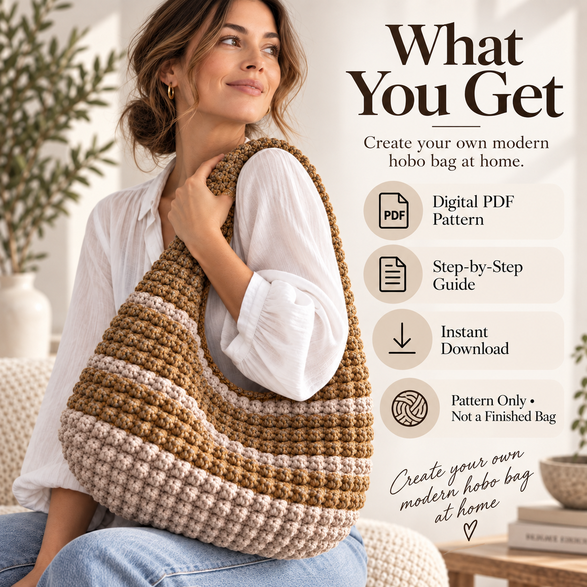Bobble Hobo Bag Crochet Pattern PDF | Textured Crescent Shoulder Bag | Chunky Crochet Purse | Modern Everyday Bag Pattern