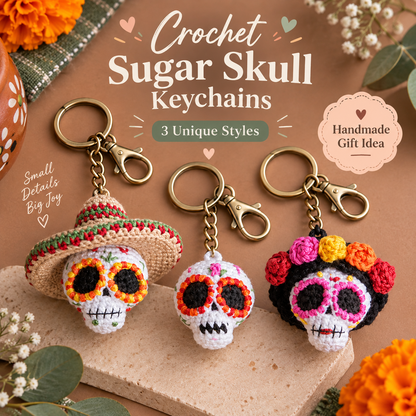 3-in-1 Sugar Skull Crochet Pattern PDF | Amigurumi Skull Keychain | Catrina & Sombrero Skull | Halloween & Día de los Muertos Crochet | Instant Download