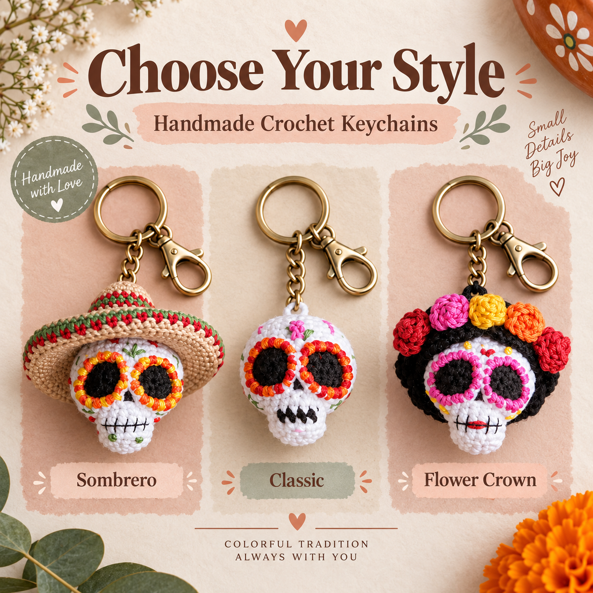 3-in-1 Sugar Skull Crochet Pattern PDF | Amigurumi Skull Keychain | Catrina & Sombrero Skull | Halloween & Día de los Muertos Crochet | Instant Download