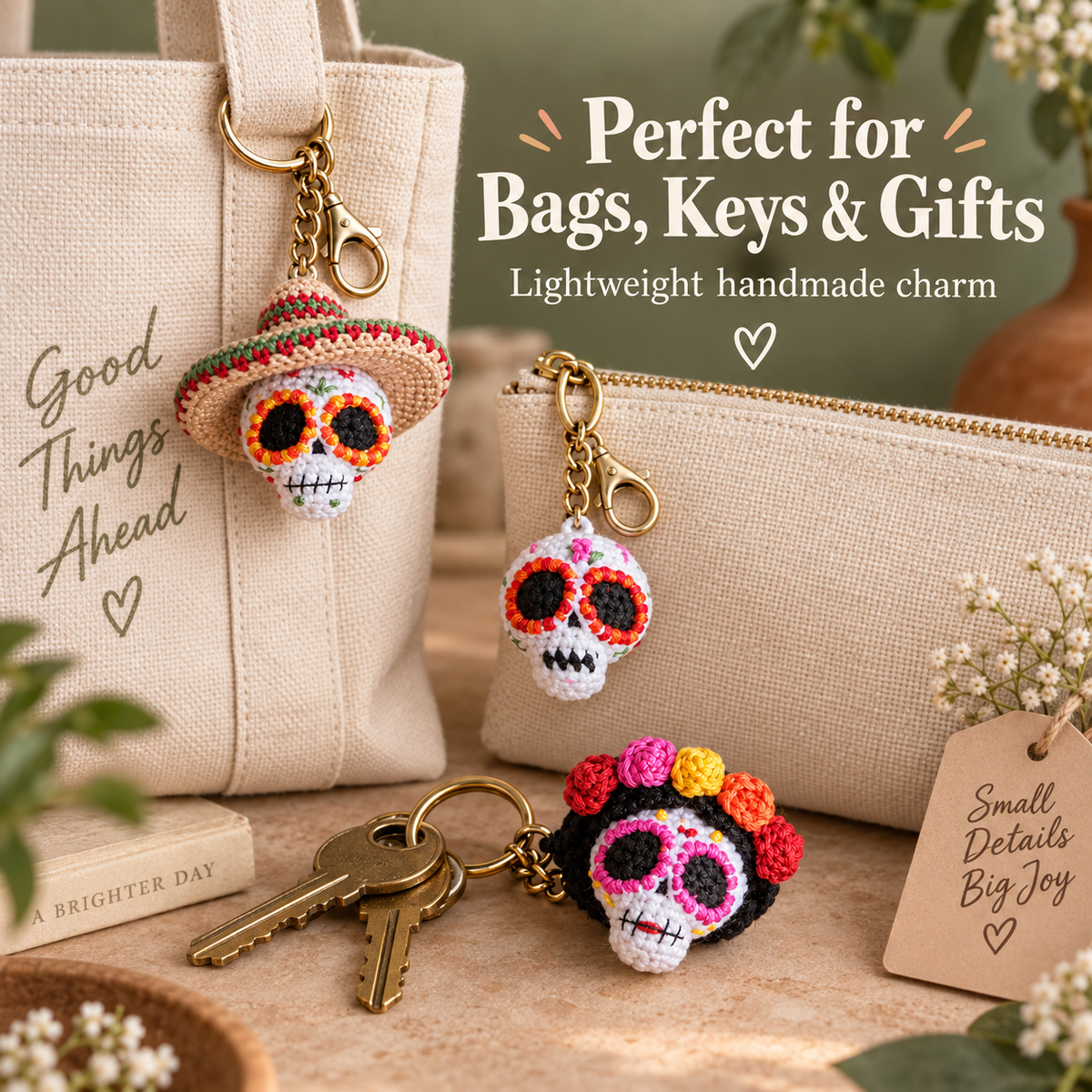3-in-1 Sugar Skull Crochet Pattern PDF | Amigurumi Skull Keychain | Catrina & Sombrero Skull | Halloween & Día de los Muertos Crochet | Instant Download