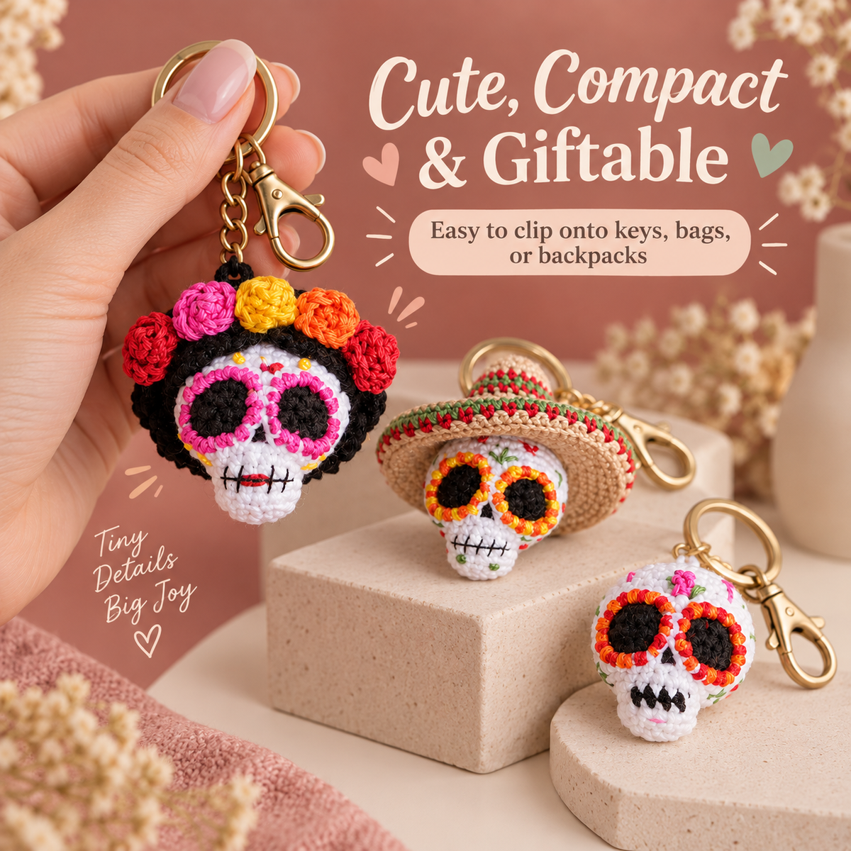 3-in-1 Sugar Skull Crochet Pattern PDF | Amigurumi Skull Keychain | Catrina & Sombrero Skull | Halloween & Día de los Muertos Crochet | Instant Download