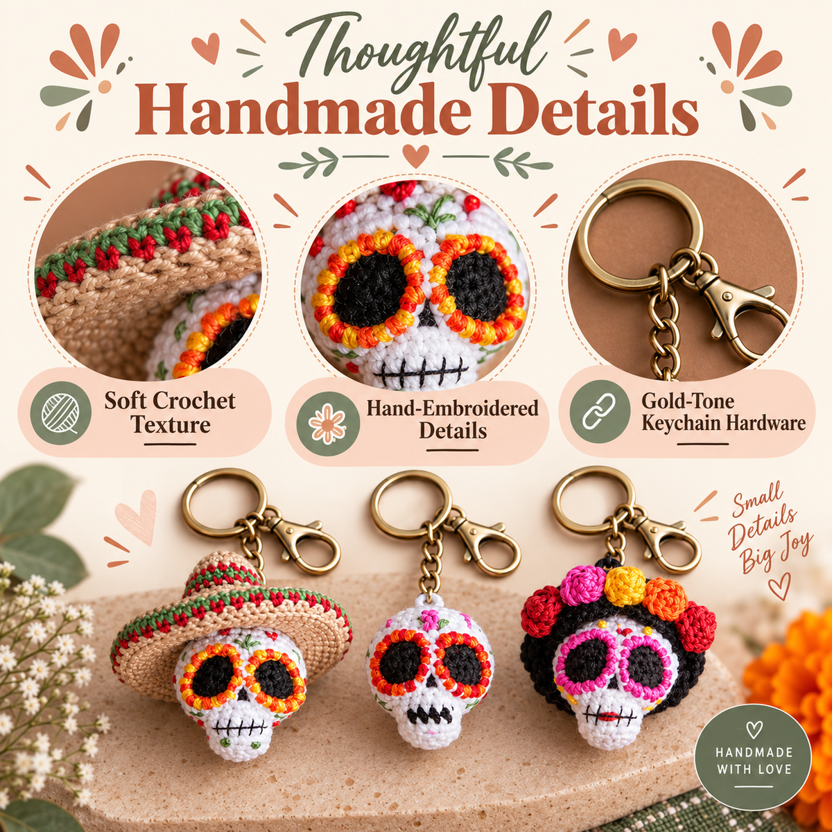 3-in-1 Sugar Skull Crochet Pattern PDF | Amigurumi Skull Keychain | Catrina & Sombrero Skull | Halloween & Día de los Muertos Crochet | Instant Download