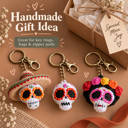 3-in-1 Sugar Skull Crochet Pattern PDF | Amigurumi Skull Keychain | Catrina & Sombrero Skull | Halloween & Día de los Muertos Crochet | Instant Download