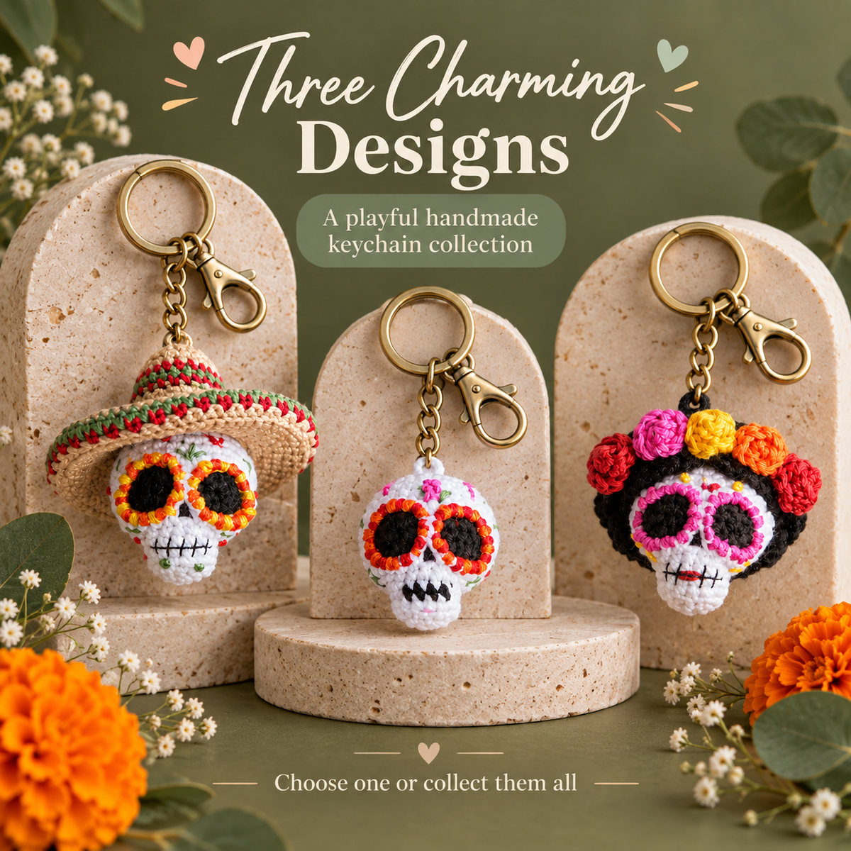 3-in-1 Sugar Skull Crochet Pattern PDF | Amigurumi Skull Keychain | Catrina & Sombrero Skull | Halloween & Día de los Muertos Crochet | Instant Download