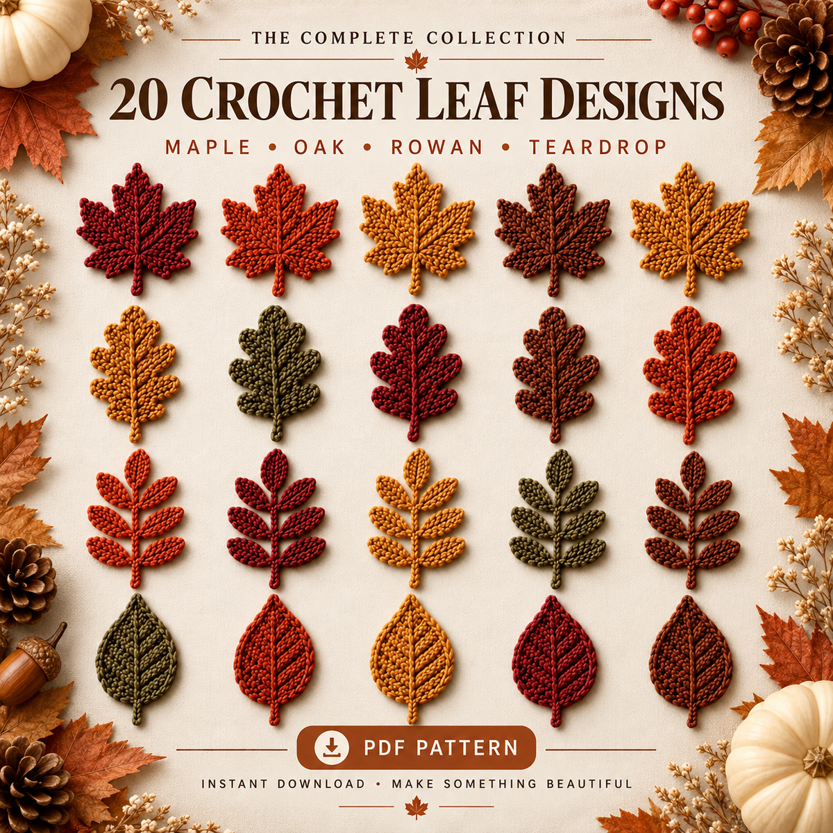 20 Autumn Leaf Crochet Patterns PDF | Maple Oak Rowan & Teardrop Leaves | Fall Garland Wreath Appliqué | Thanksgiving Crochet Decor | Digital Download