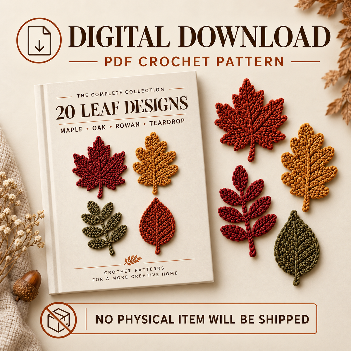 20 Autumn Leaf Crochet Patterns PDF | Maple Oak Rowan & Teardrop Leaves | Fall Garland Wreath Appliqué | Thanksgiving Crochet Decor | Digital Download