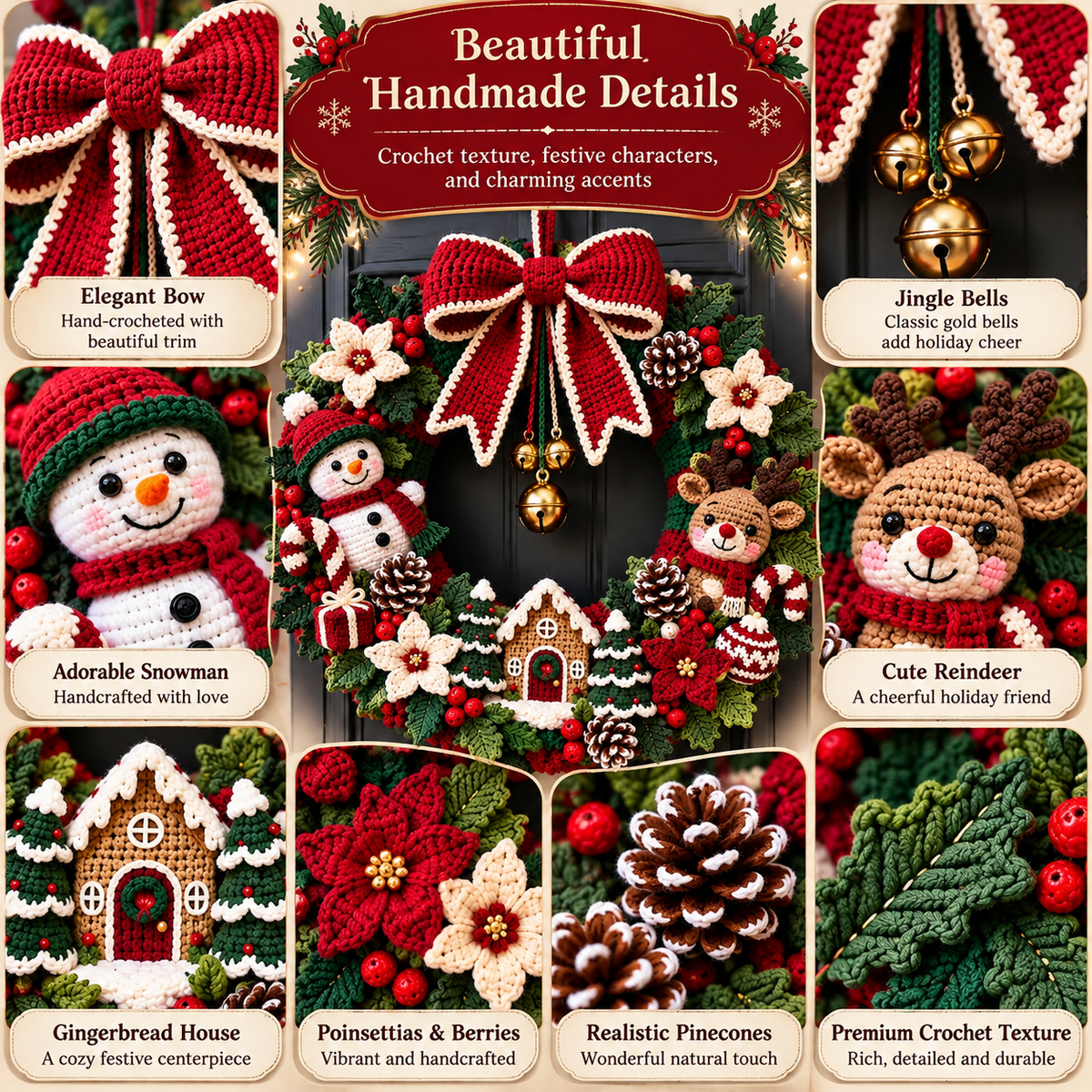 Christmas Crochet Wreath Pattern PDF | Large Amigurumi Holiday Door Decor | Snowman Reindeer Wreath | Festive Christmas Decoration