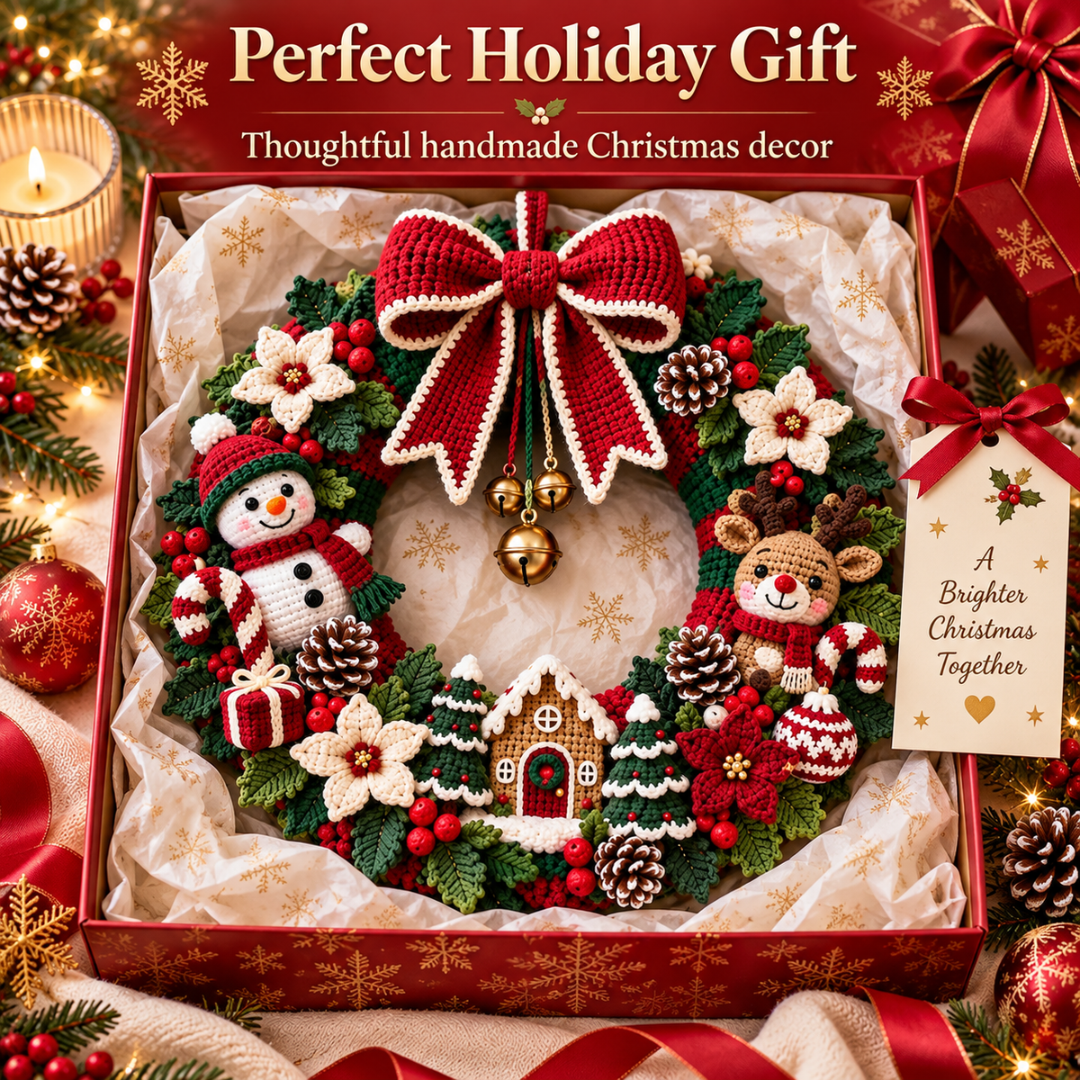 Christmas Crochet Wreath Pattern PDF | Large Amigurumi Holiday Door Decor | Snowman Reindeer Wreath | Festive Christmas Decoration
