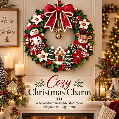 Christmas Crochet Wreath Pattern PDF | Large Amigurumi Holiday Door Decor | Snowman Reindeer Wreath | Festive Christmas Decoration