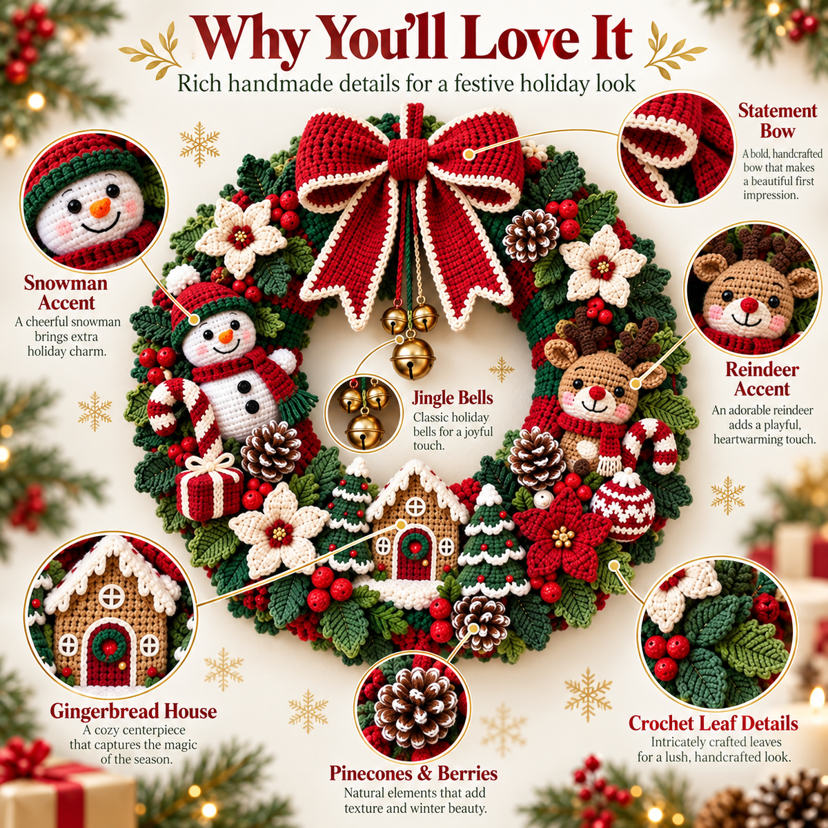 Christmas Crochet Wreath Pattern PDF | Large Amigurumi Holiday Door Decor | Snowman Reindeer Wreath | Festive Christmas Decoration