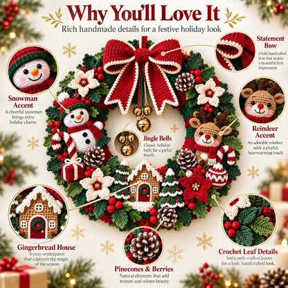 Christmas Crochet Wreath Pattern PDF | Large Amigurumi Holiday Door Decor | Snowman Reindeer Wreath | Festive Christmas Decoration