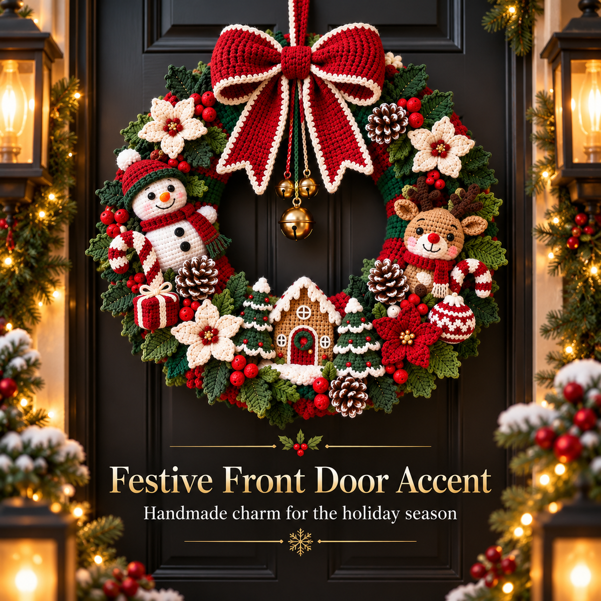 Christmas Crochet Wreath Pattern PDF | Large Amigurumi Holiday Door Decor | Snowman Reindeer Wreath | Festive Christmas Decoration