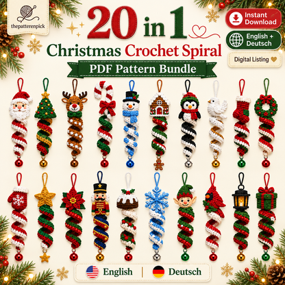 20-in-1 Christmas Spiral Ornament Crochet Pattern Bundle PDF | Santa Snowman Reindeer Elf Wind Spinner | Holiday Hanging Decor | EN & DE