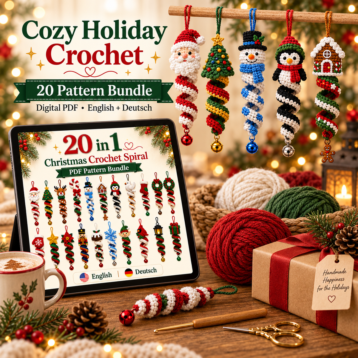 20-in-1 Christmas Spiral Ornament Crochet Pattern Bundle PDF | Santa Snowman Reindeer Elf Wind Spinner | Holiday Hanging Decor | EN & DE