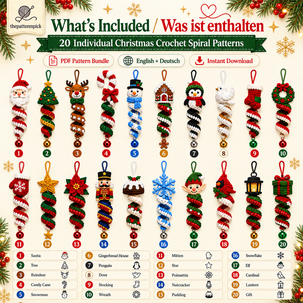 20-in-1 Christmas Spiral Ornament Crochet Pattern Bundle PDF | Santa Snowman Reindeer Elf Wind Spinner | Holiday Hanging Decor | EN & DE