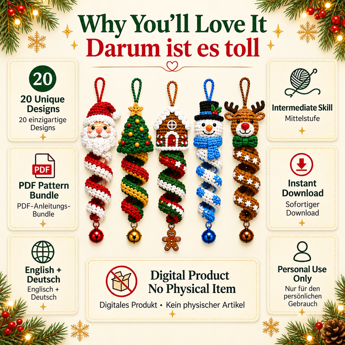 20-in-1 Christmas Spiral Ornament Crochet Pattern Bundle PDF | Santa Snowman Reindeer Elf Wind Spinner | Holiday Hanging Decor | EN & DE
