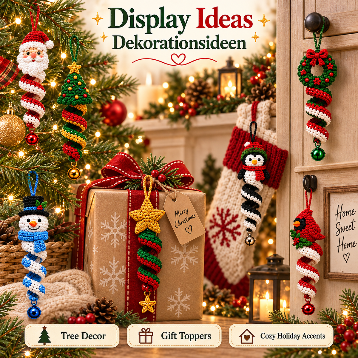20-in-1 Christmas Spiral Ornament Crochet Pattern Bundle PDF | Santa Snowman Reindeer Elf Wind Spinner | Holiday Hanging Decor | EN & DE