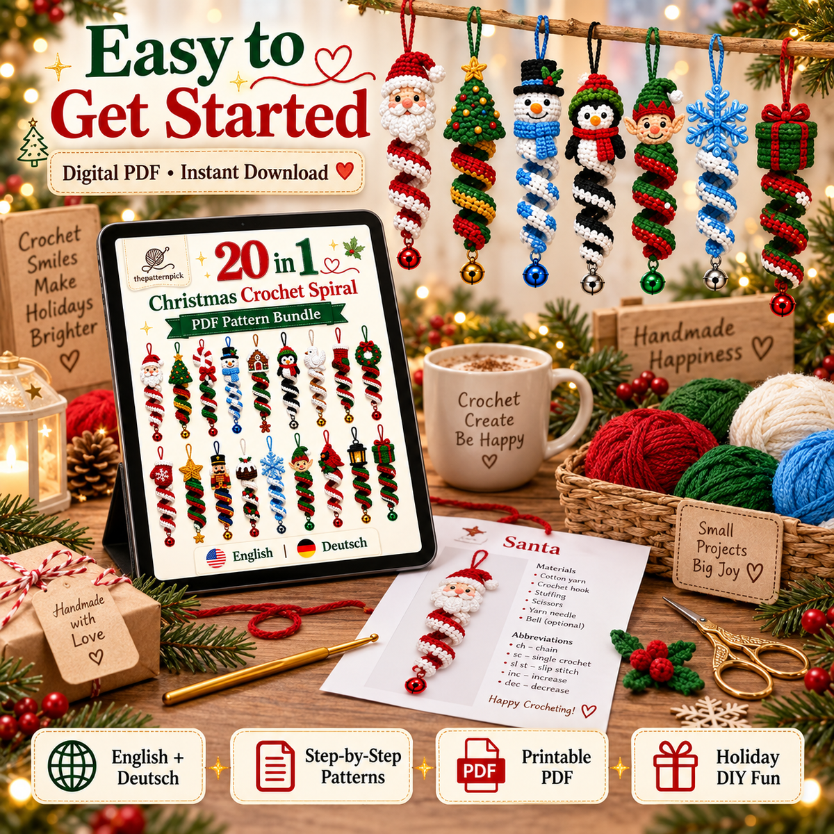 20-in-1 Christmas Spiral Ornament Crochet Pattern Bundle PDF | Santa Snowman Reindeer Elf Wind Spinner | Holiday Hanging Decor | EN & DE