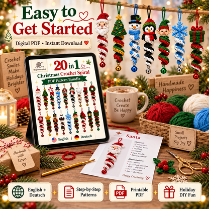 20-in-1 Christmas Spiral Ornament Crochet Pattern Bundle PDF | Santa Snowman Reindeer Elf Wind Spinner | Holiday Hanging Decor | EN & DE