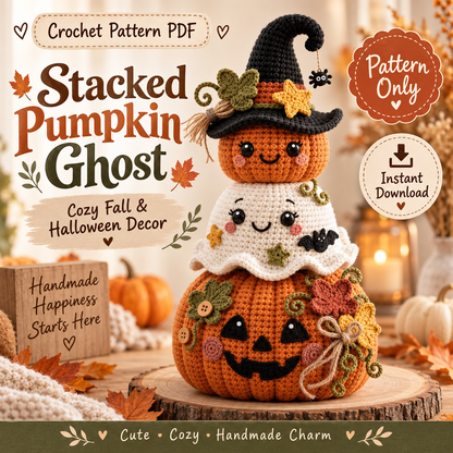 Halloween Pumpkin Ghost Stack Crochet Pattern PDF | Cute Amigurumi Witch & Jack O Lantern | Fall Halloween Decor | Instant Download