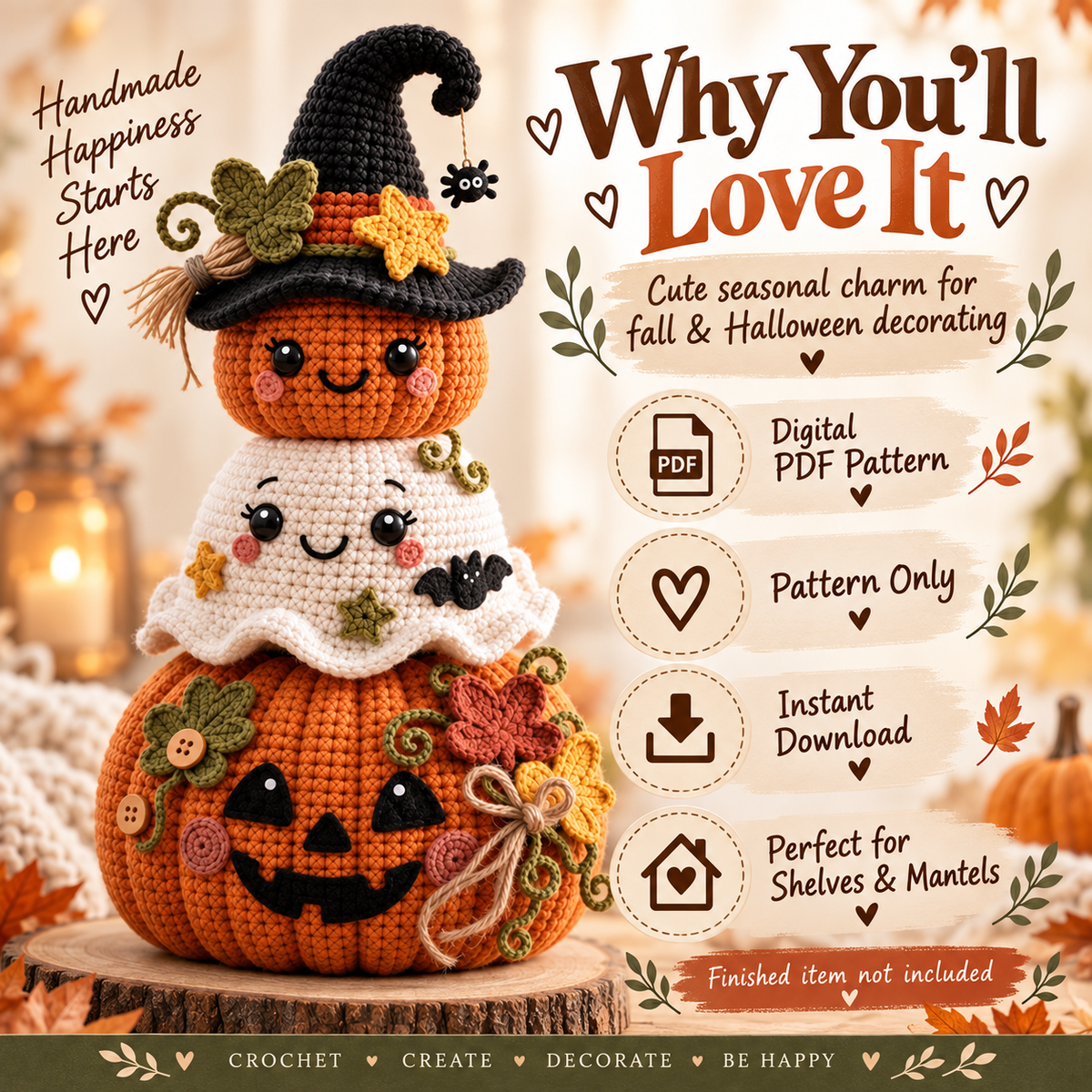 Halloween Pumpkin Ghost Stack Crochet Pattern PDF | Cute Amigurumi Witch & Jack O Lantern | Fall Halloween Decor | Instant Download