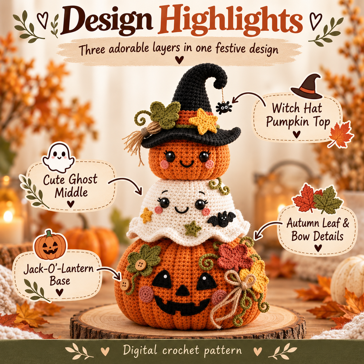 Halloween Pumpkin Ghost Stack Crochet Pattern PDF | Cute Amigurumi Witch & Jack O Lantern | Fall Halloween Decor | Instant Download