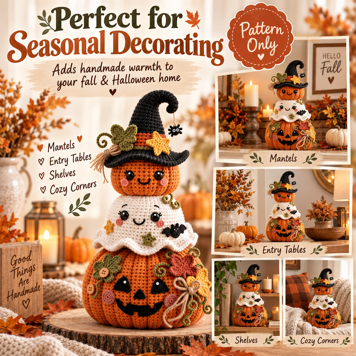 Halloween Pumpkin Ghost Stack Crochet Pattern PDF | Cute Amigurumi Witch & Jack O Lantern | Fall Halloween Decor | Instant Download