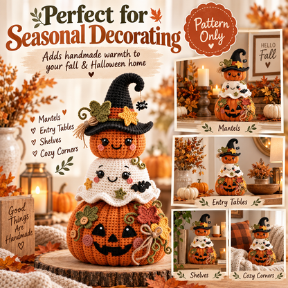 Halloween Pumpkin Ghost Stack Crochet Pattern PDF | Cute Amigurumi Witch & Jack O Lantern | Fall Halloween Decor | Instant Download