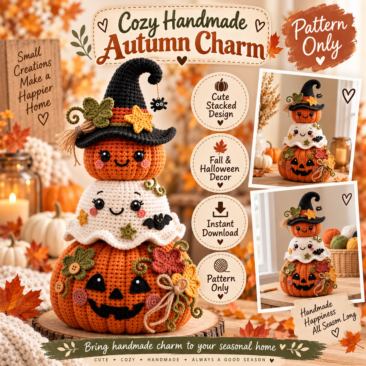 Halloween Pumpkin Ghost Stack Crochet Pattern PDF | Cute Amigurumi Witch & Jack O Lantern | Fall Halloween Decor | Instant Download