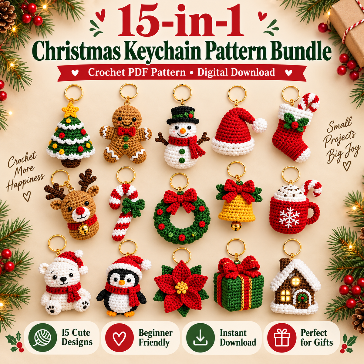 15-in-1 Christmas Keychain Crochet Pattern PDF Bundle | Mini Amigurumi Ornaments & Bag Charms | US Terms | Instant Download