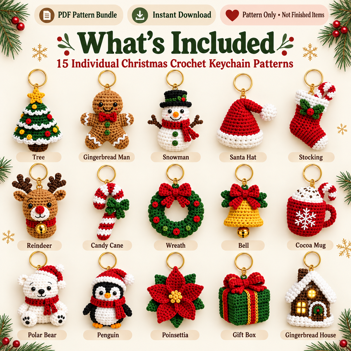 15-in-1 Christmas Keychain Crochet Pattern PDF Bundle | Mini Amigurumi Ornaments & Bag Charms | US Terms | Instant Download