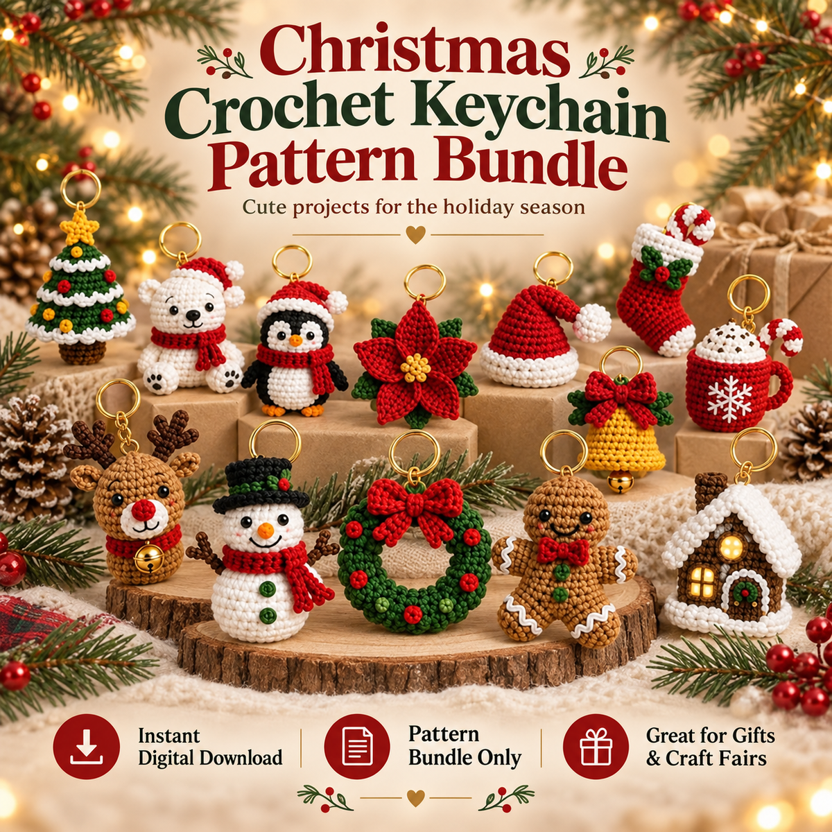 15-in-1 Christmas Keychain Crochet Pattern PDF Bundle | Mini Amigurumi Ornaments & Bag Charms | US Terms | Instant Download