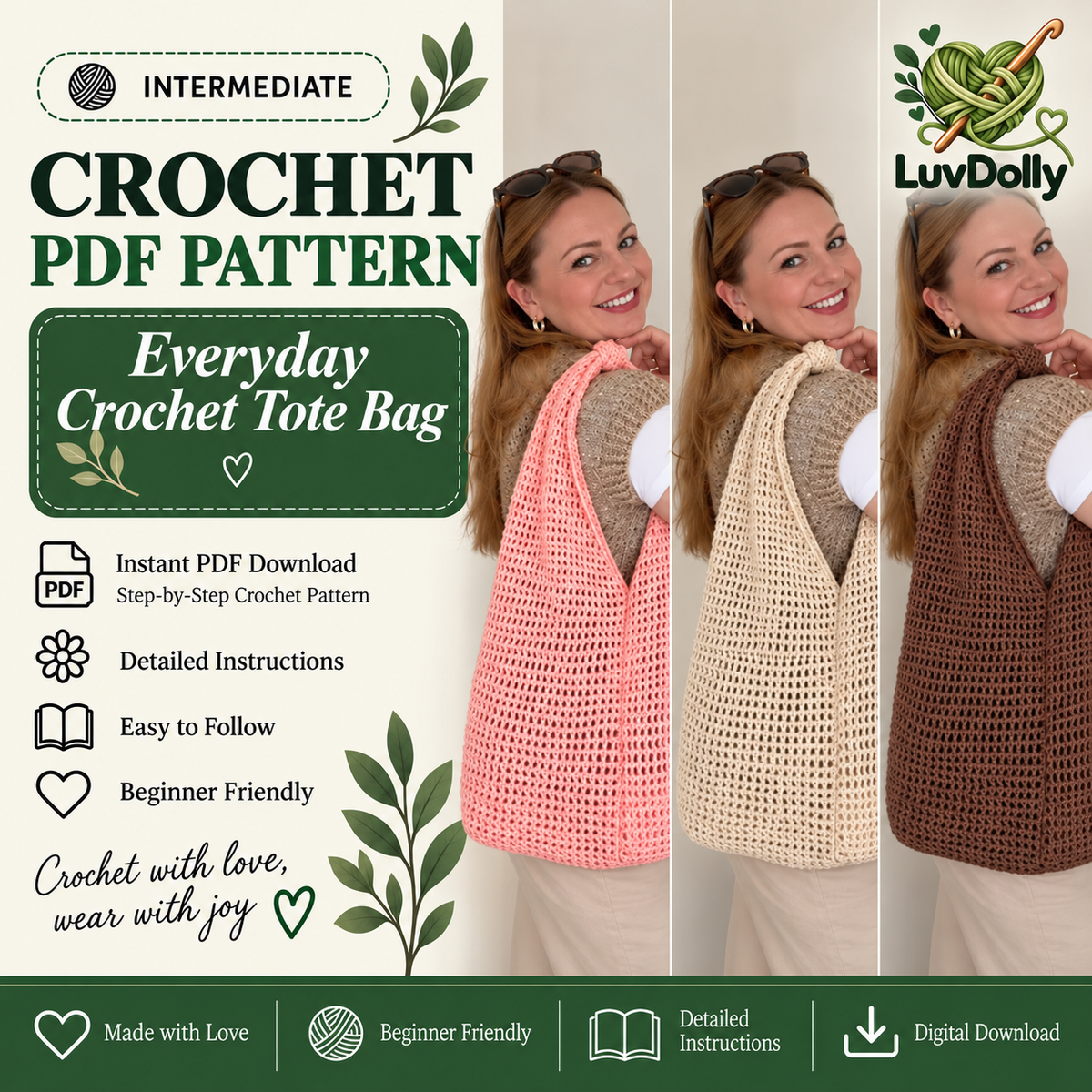 Everyday Crochet Tote Bag Pattern PDF | Easy Mesh Market Bag Crochet Pattern | Reusable Shoulder Bag | Beginner Friendly Crochet Pattern | Digital Download