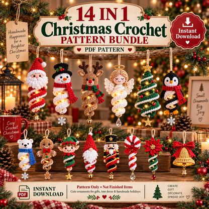 14-in-1 Christmas Crochet Ornament Pattern Bundle PDF | Spiral Hanging Decorations | Santa, Snowman, Reindeer, Gnome & Holiday Decor