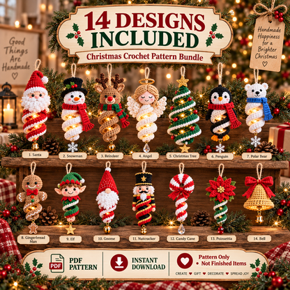 14-in-1 Christmas Crochet Ornament Pattern Bundle PDF | Spiral Hanging Decorations | Santa, Snowman, Reindeer, Gnome & Holiday Decor