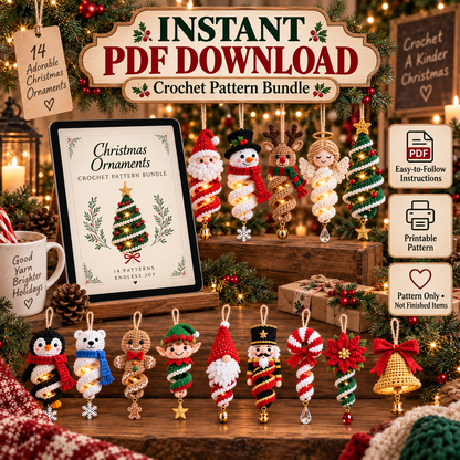 14-in-1 Christmas Crochet Ornament Pattern Bundle PDF | Spiral Hanging Decorations | Santa, Snowman, Reindeer, Gnome & Holiday Decor