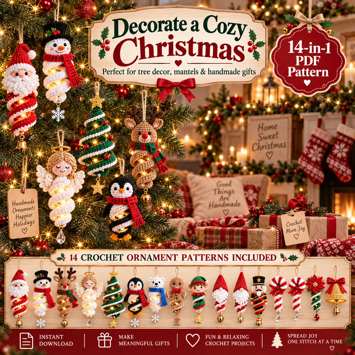 14-in-1 Christmas Crochet Ornament Pattern Bundle PDF | Spiral Hanging Decorations | Santa, Snowman, Reindeer, Gnome & Holiday Decor