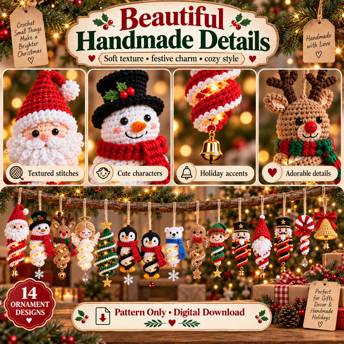 14-in-1 Christmas Crochet Ornament Pattern Bundle PDF | Spiral Hanging Decorations | Santa, Snowman, Reindeer, Gnome & Holiday Decor