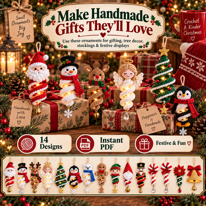 14-in-1 Christmas Crochet Ornament Pattern Bundle PDF | Spiral Hanging Decorations | Santa, Snowman, Reindeer, Gnome & Holiday Decor