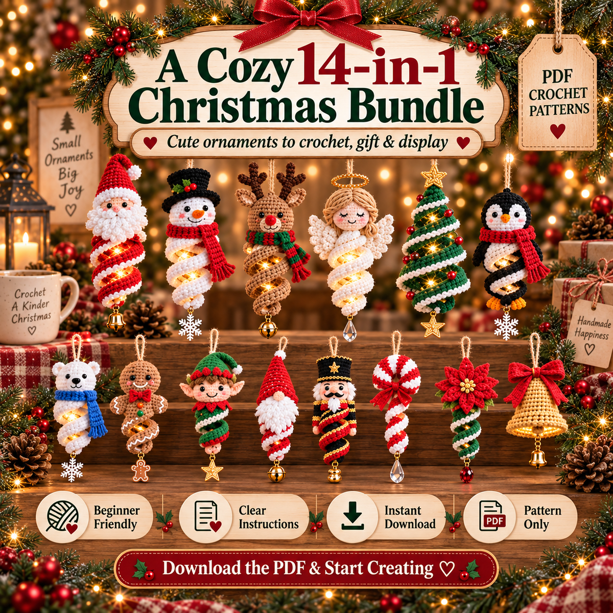 14-in-1 Christmas Crochet Ornament Pattern Bundle PDF | Spiral Hanging Decorations | Santa, Snowman, Reindeer, Gnome & Holiday Decor