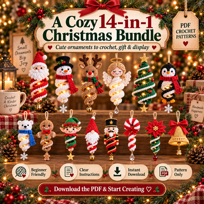 14-in-1 Christmas Crochet Ornament Pattern Bundle PDF | Spiral Hanging Decorations | Santa, Snowman, Reindeer, Gnome & Holiday Decor
